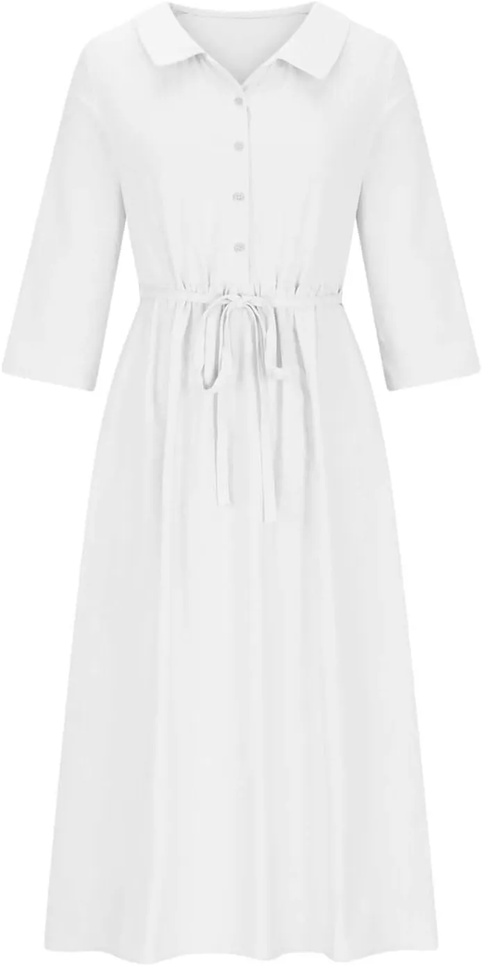 3/4 Sleeve Cotton Dresses for Women Casual Summer Button Down Floral Dress Beach Vacation Dresses Ruffle Floral