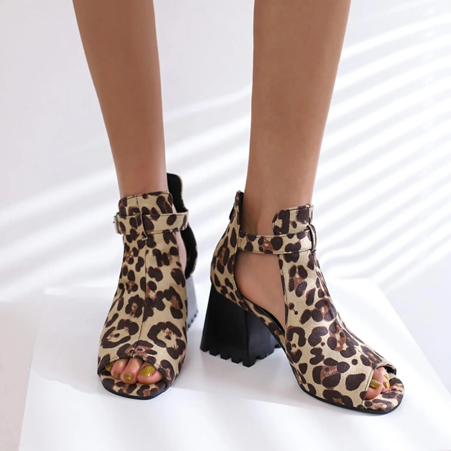 Aflngle Women's Denim Round Open Toe Chunky Block Hee Sandals Shoes Fashion Hollow Snake Print Back Zipper Summer Party Prom Dress Sandal Ankle Boots