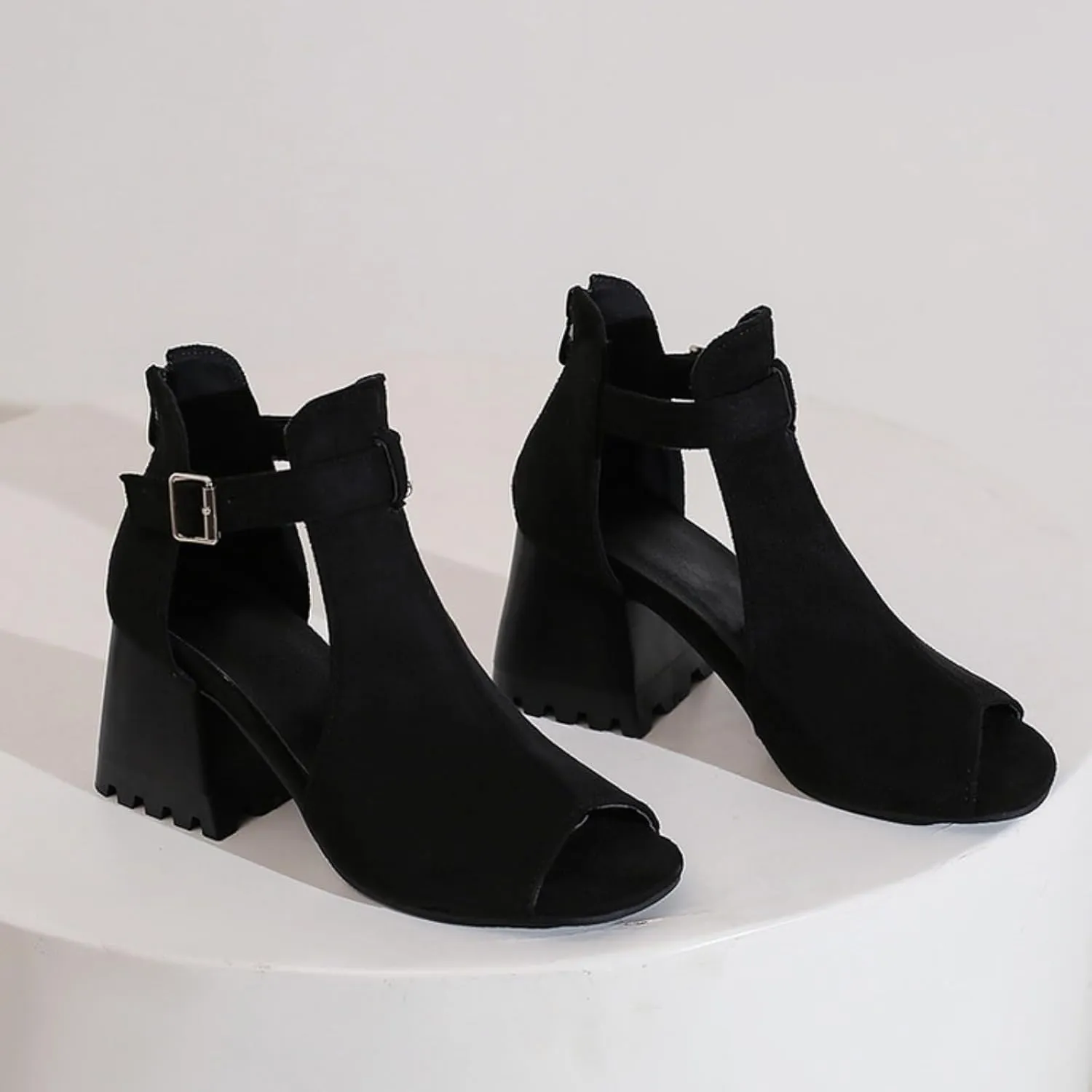 Aflngle Women's Denim Round Open Toe Chunky Block Hee Sandals Shoes Fashion Hollow Snake Print Back Zipper Summer Party Prom Dress Sandal Ankle Boots