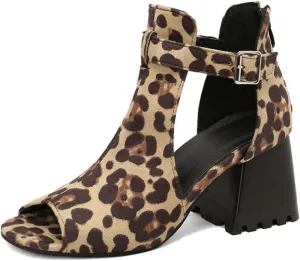 Aflngle Women's Denim Round Open Toe Chunky Block Hee Sandals Shoes Fashion Hollow Snake Print Back Zipper Summer Party Prom Dress Sandal Ankle Boots
