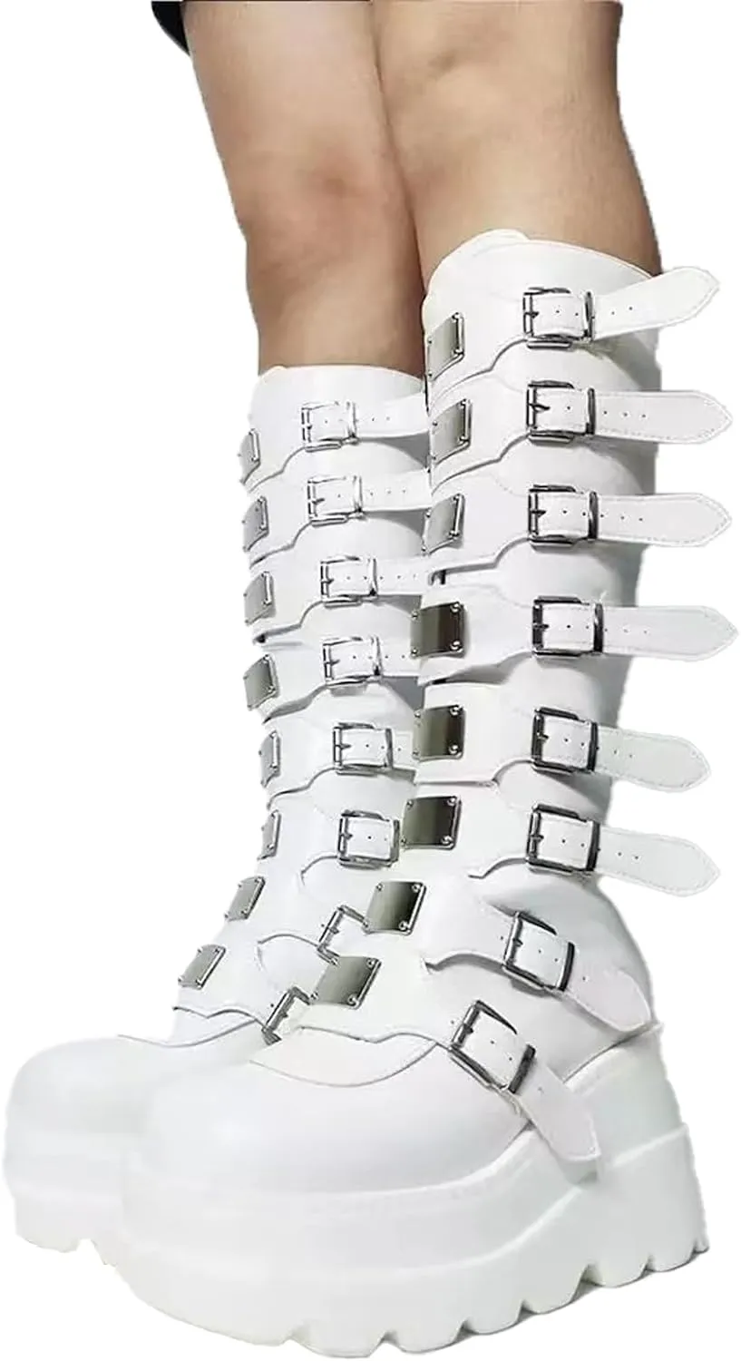 AMAZIDEAL Women's Leather Platform Goth Knee High Boots,Fashion Round Toe Back Zipper Buckle Straps Motorcycle Boots,Comfortable Non-Slip High Wedge Punk Combat Boots
