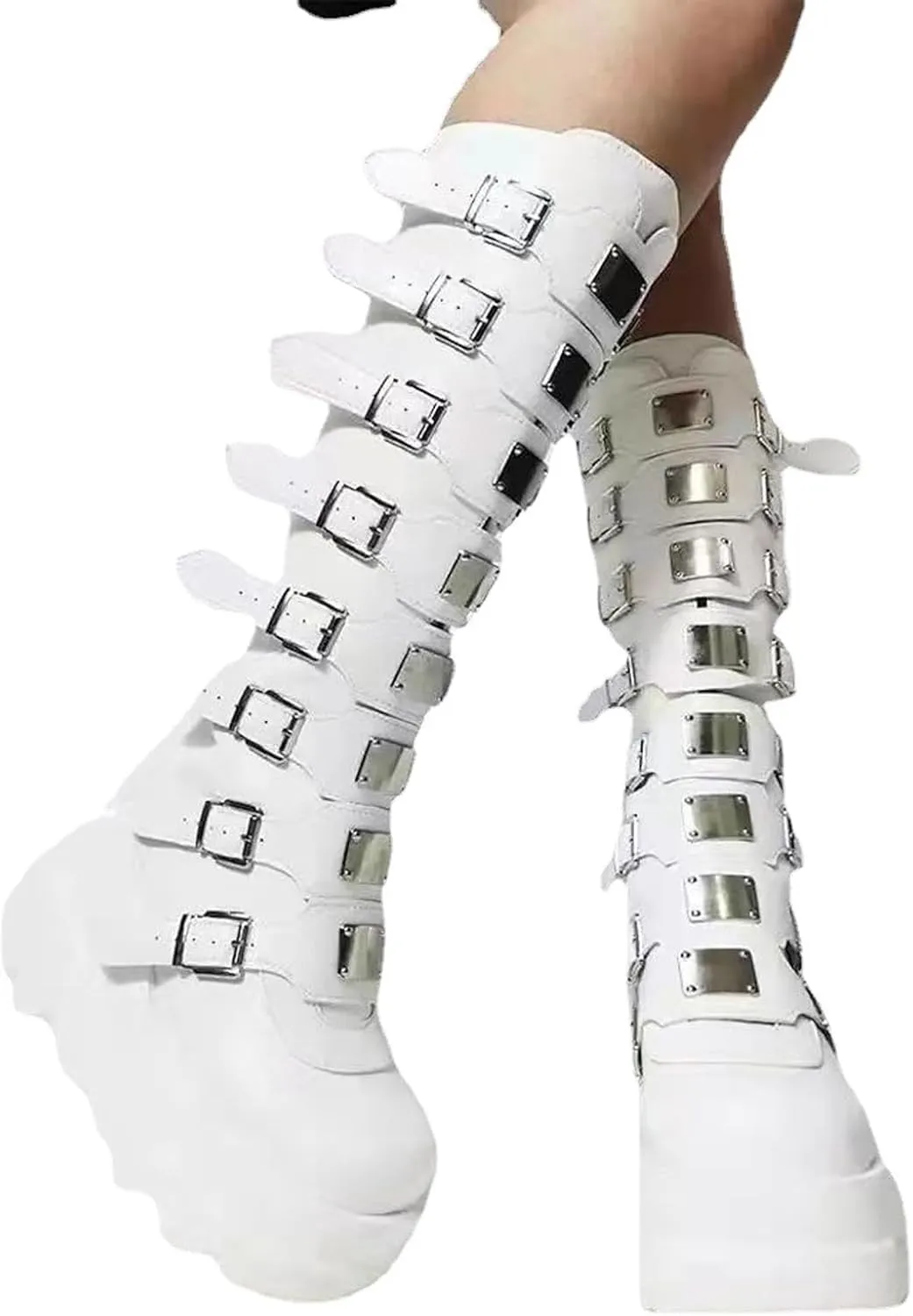 AMAZIDEAL Women's Leather Platform Goth Knee High Boots,Fashion Round Toe Back Zipper Buckle Straps Motorcycle Boots,Comfortable Non-Slip High Wedge Punk Combat Boots