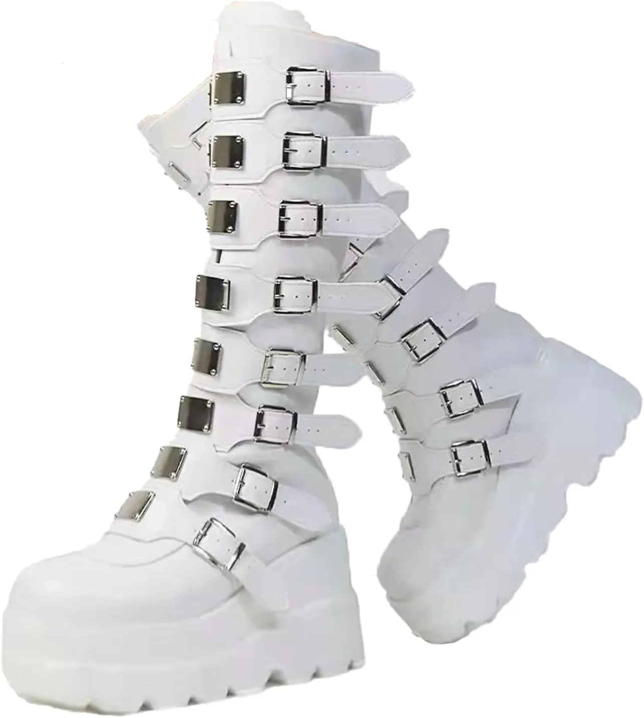 AMAZIDEAL Women's Leather Platform Goth Knee High Boots,Fashion Round Toe Back Zipper Buckle Straps Motorcycle Boots,Comfortable Non-Slip High Wedge Punk Combat Boots