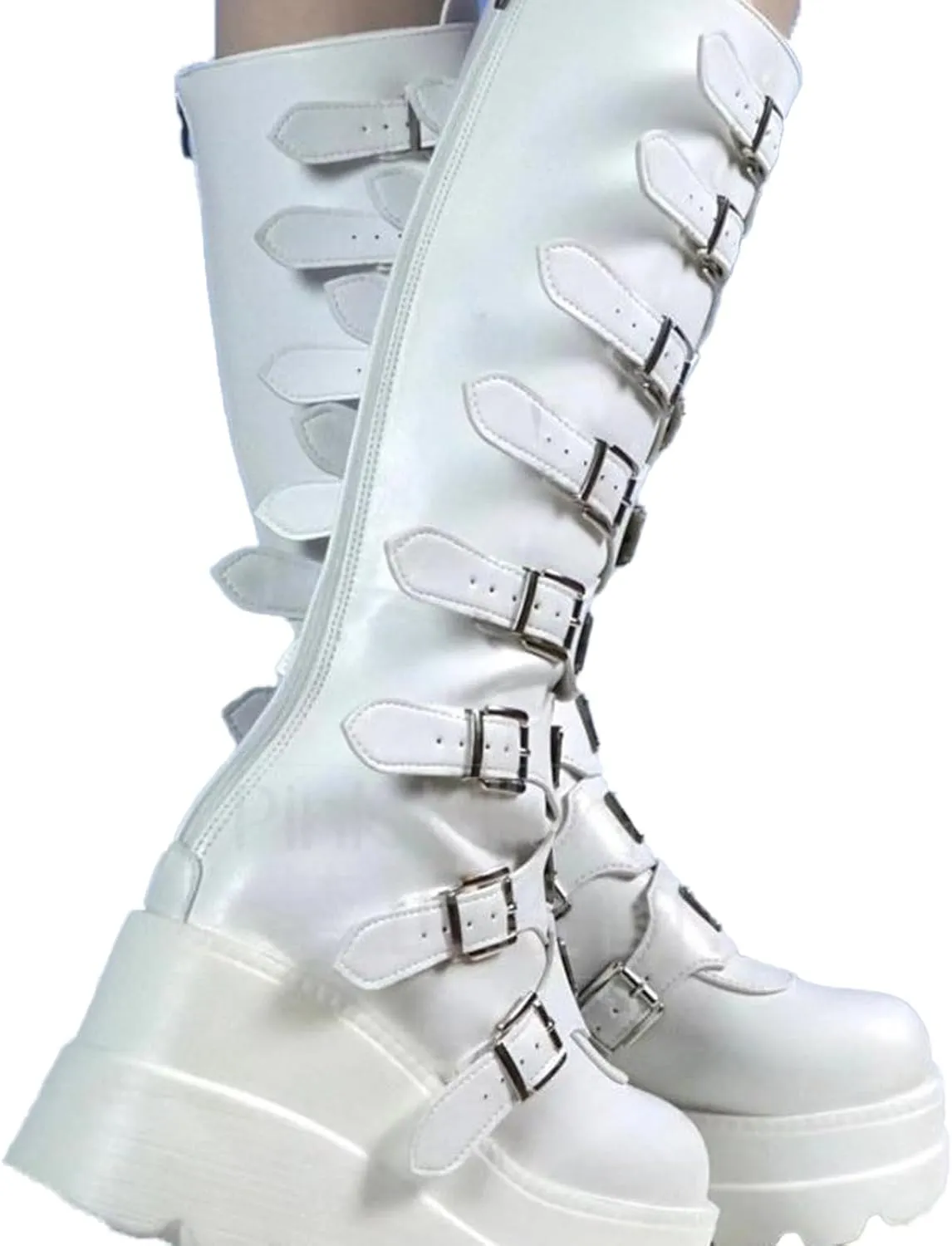 AMAZIDEAL Women's Leather Platform Goth Knee High Boots,Fashion Round Toe Back Zipper Buckle Straps Motorcycle Boots,Comfortable Non-Slip High Wedge Punk Combat Boots