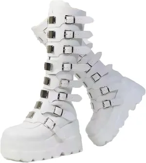 AMAZIDEAL Women's Leather Platform Goth Knee High Boots,Fashion Round Toe Back Zipper Buckle Straps Motorcycle Boots,Comfortable Non-Slip High Wedge Punk Combat Boots
