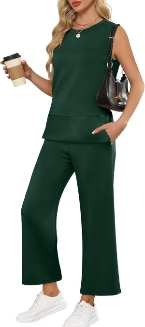 ANRABESS Women's 2 Piece Sets Summer Travel Airplane Outfits Sleeveless Wide Leg Casual Lounge Matching Sweat Set Sweatsuits