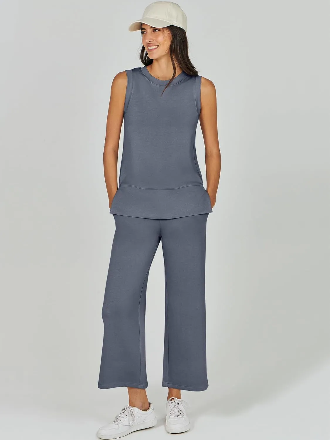 ANRABESS Women's 2 Piece Sets Summer Travel Airplane Outfits Sleeveless Wide Leg Casual Lounge Matching Sweat Set Sweatsuits
