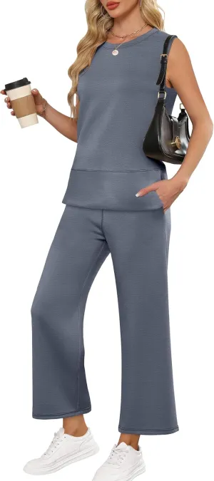 ANRABESS Women's 2 Piece Sets Summer Travel Airplane Outfits Sleeveless Wide Leg Casual Lounge Matching Sweat Set Sweatsuits