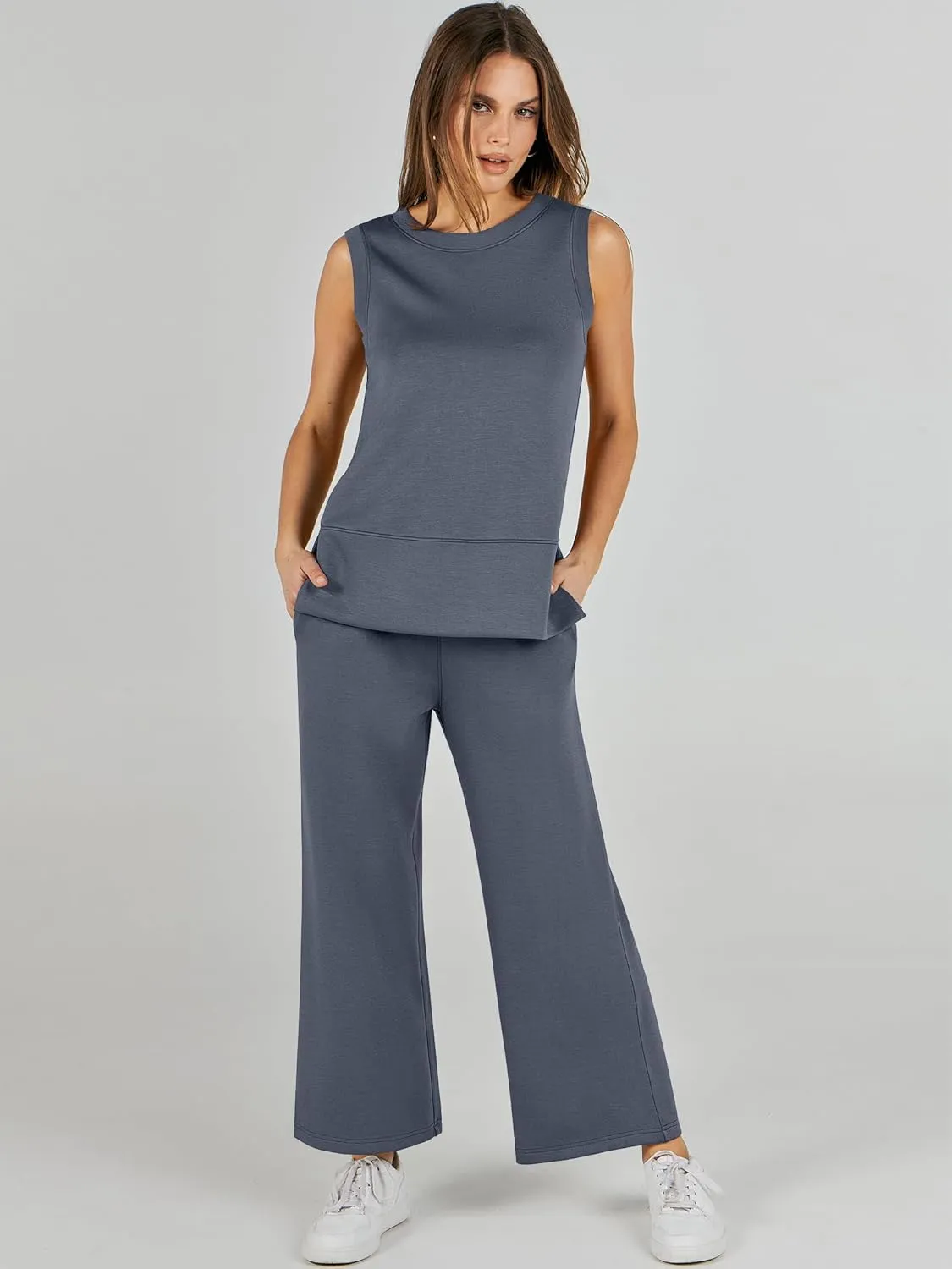 ANRABESS Women's 2 Piece Sets Summer Travel Airplane Outfits Sleeveless Wide Leg Casual Lounge Matching Sweat Set Sweatsuits