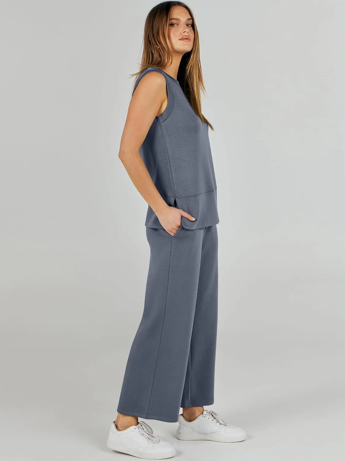 ANRABESS Women's 2 Piece Sets Summer Travel Airplane Outfits Sleeveless Wide Leg Casual Lounge Matching Sweat Set Sweatsuits