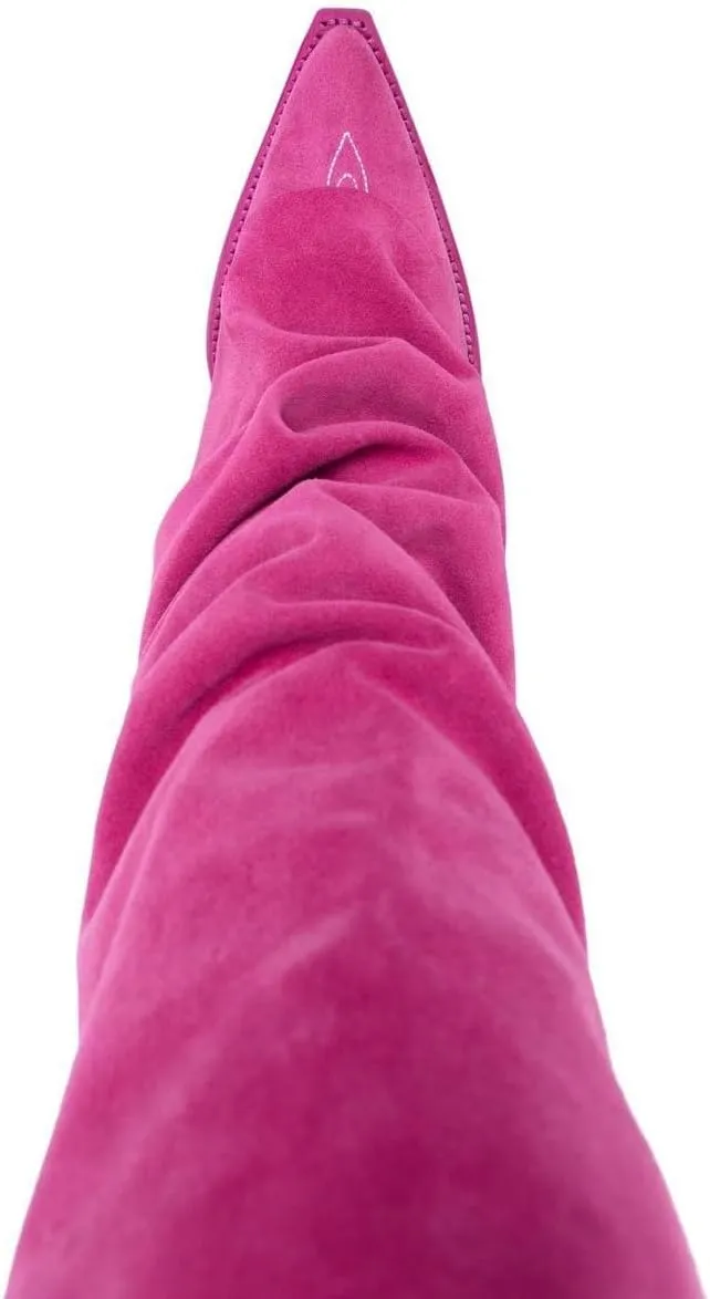 Arqa Women's Slouched Ruched Fold Over Boots Chunky Heel Embroidery Western Cowboy for Women Casual Mid Calf Boot