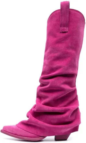 Arqa Women's Slouched Ruched Fold Over Boots Chunky Heel Embroidery Western Cowboy for Women Casual Mid Calf Boot