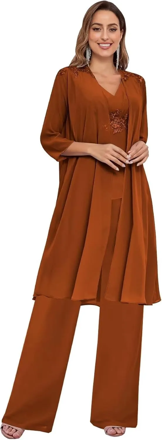 BANTRATIC 3 Pieces Mother of The Bride Pantsuits with Jacket for Wedding 3/4 Sleeve Formal Evening Prom Dressy Pants Outfit