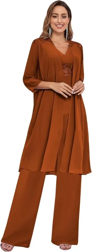 BANTRATIC 3 Pieces Mother of The Bride Pantsuits with Jacket for Wedding 3/4 Sleeve Formal Evening Prom Dressy Pants Outfit