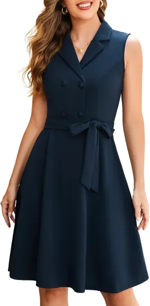 Bbonlinedress Collared Neck Button Down Belted Vintage Cocktail Formal Casual Flowy Wedding Guest Dress