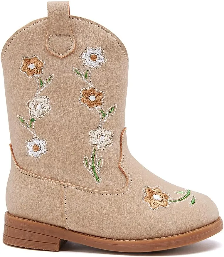 BMCiTYBM Toddler Girls Cowgirl Boots Little Kids Mid Calf Western Flower Cowboy Pointed Toe Riding Shoes All Season