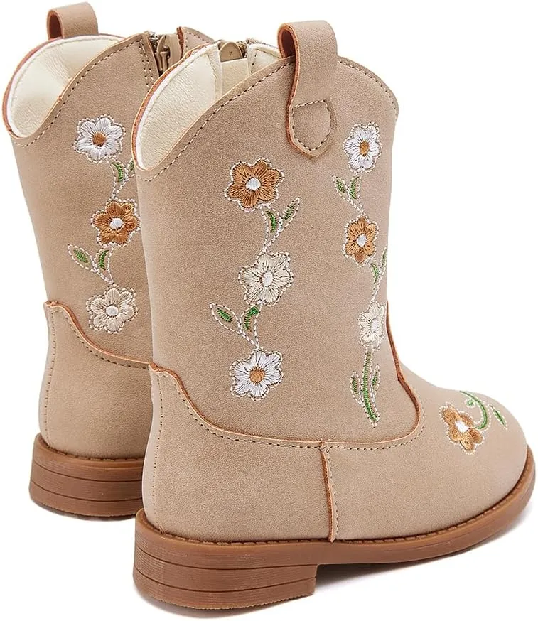 BMCiTYBM Toddler Girls Cowgirl Boots Little Kids Mid Calf Western Flower Cowboy Pointed Toe Riding Shoes All Season