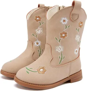 BMCiTYBM Toddler Girls Cowgirl Boots Little Kids Mid Calf Western Flower Cowboy Pointed Toe Riding Shoes All Season