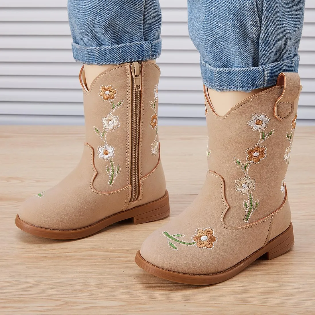 BMCiTYBM Toddler Girls Cowgirl Boots Little Kids Mid Calf Western Flower Cowboy Pointed Toe Riding Shoes All Season
