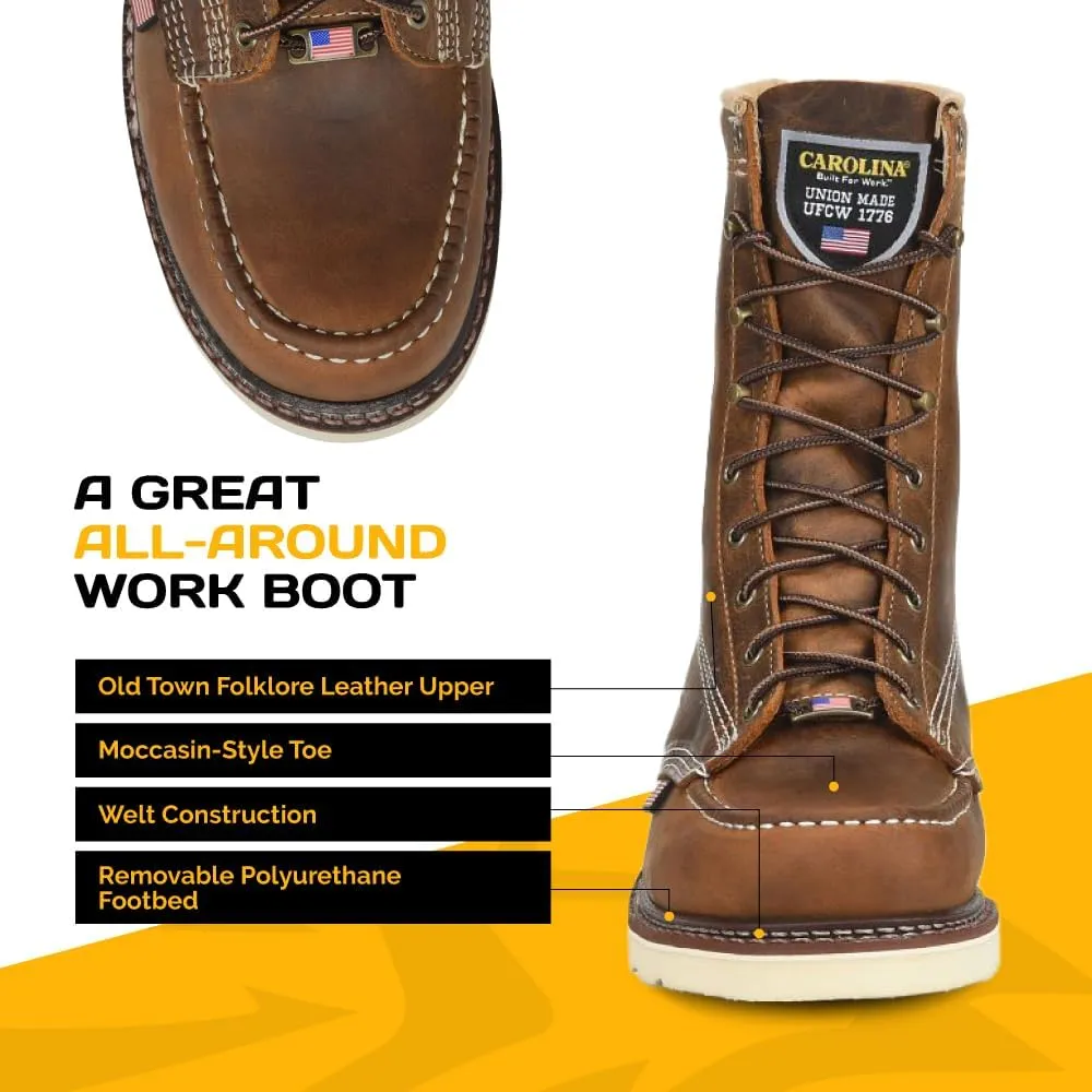 Carolina AMP USA 8" Soft Moc Toe Work Boots for Men - USA Made, Old Town Folklore Leather Upper, Oil & Slip Resistant Outsole, Poron Insole