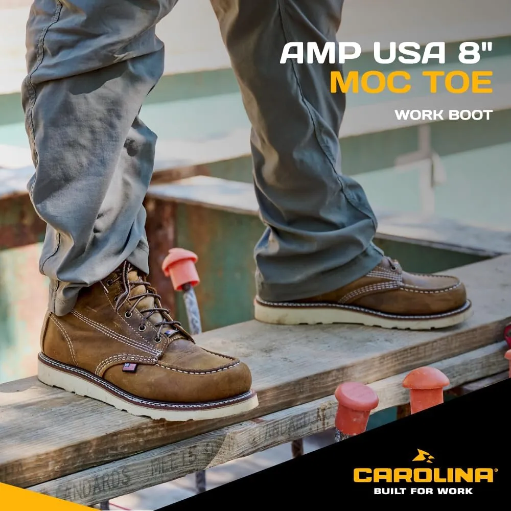 Carolina AMP USA 8" Soft Moc Toe Work Boots for Men - USA Made, Old Town Folklore Leather Upper, Oil & Slip Resistant Outsole, Poron Insole