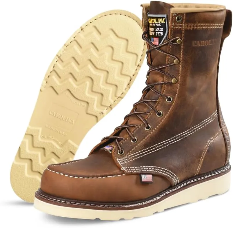 Carolina AMP USA 8" Soft Moc Toe Work Boots for Men - USA Made, Old Town Folklore Leather Upper, Oil & Slip Resistant Outsole, Poron Insole