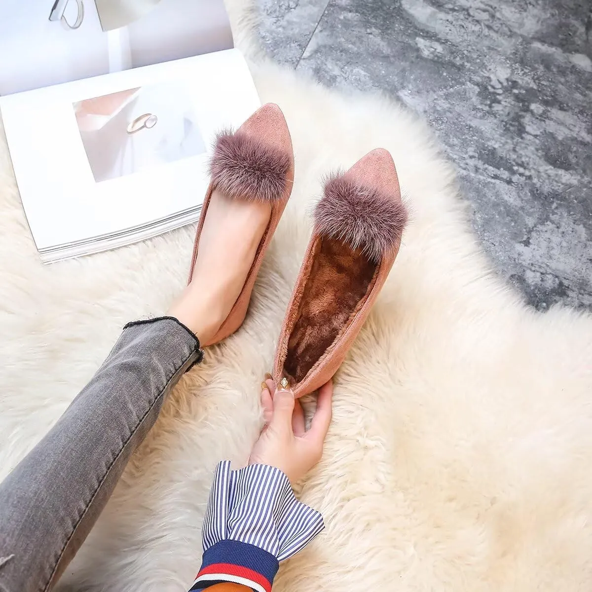 ChaiRong Zhou Women Comfortable Fuzzy Suede Low Heel Pointed Toe Flats Fashion Puff Pompom Dress Shoes Slip on Casual Office House Shoes