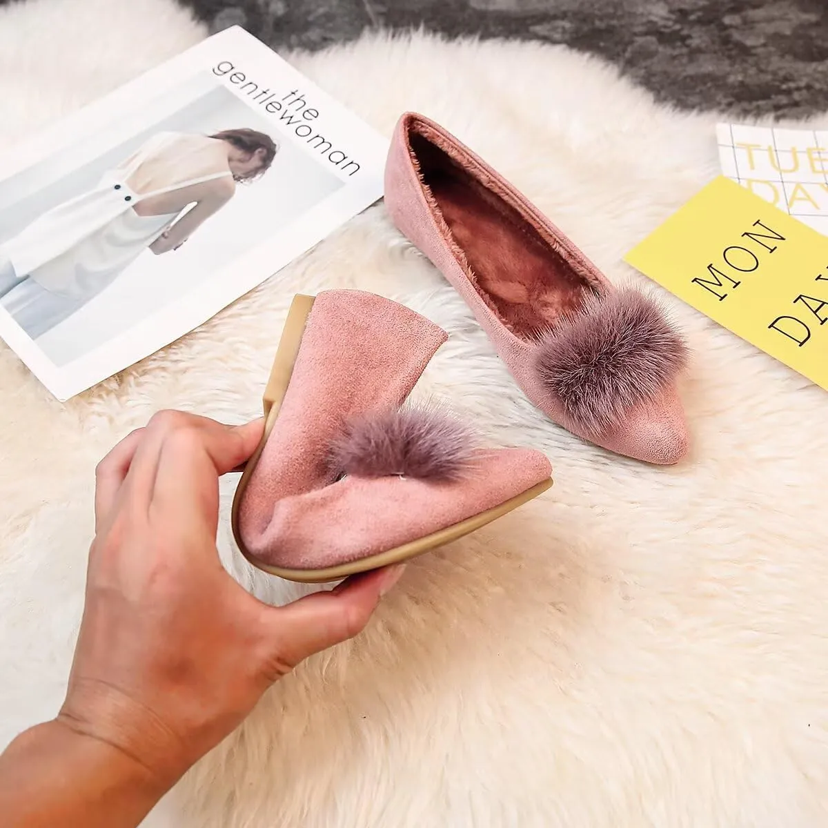 ChaiRong Zhou Women Comfortable Fuzzy Suede Low Heel Pointed Toe Flats Fashion Puff Pompom Dress Shoes Slip on Casual Office House Shoes