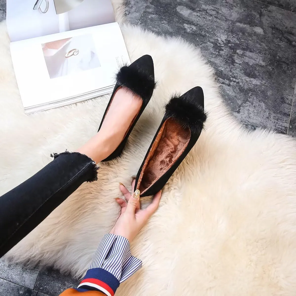 ChaiRong Zhou Women Comfortable Fuzzy Suede Low Heel Pointed Toe Flats Fashion Puff Pompom Dress Shoes Slip on Casual Office House Shoes