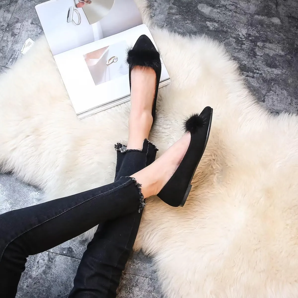 ChaiRong Zhou Women Comfortable Fuzzy Suede Low Heel Pointed Toe Flats Fashion Puff Pompom Dress Shoes Slip on Casual Office House Shoes