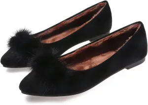 ChaiRong Zhou Women Comfortable Fuzzy Suede Low Heel Pointed Toe Flats Fashion Puff Pompom Dress Shoes Slip on Casual Office House Shoes