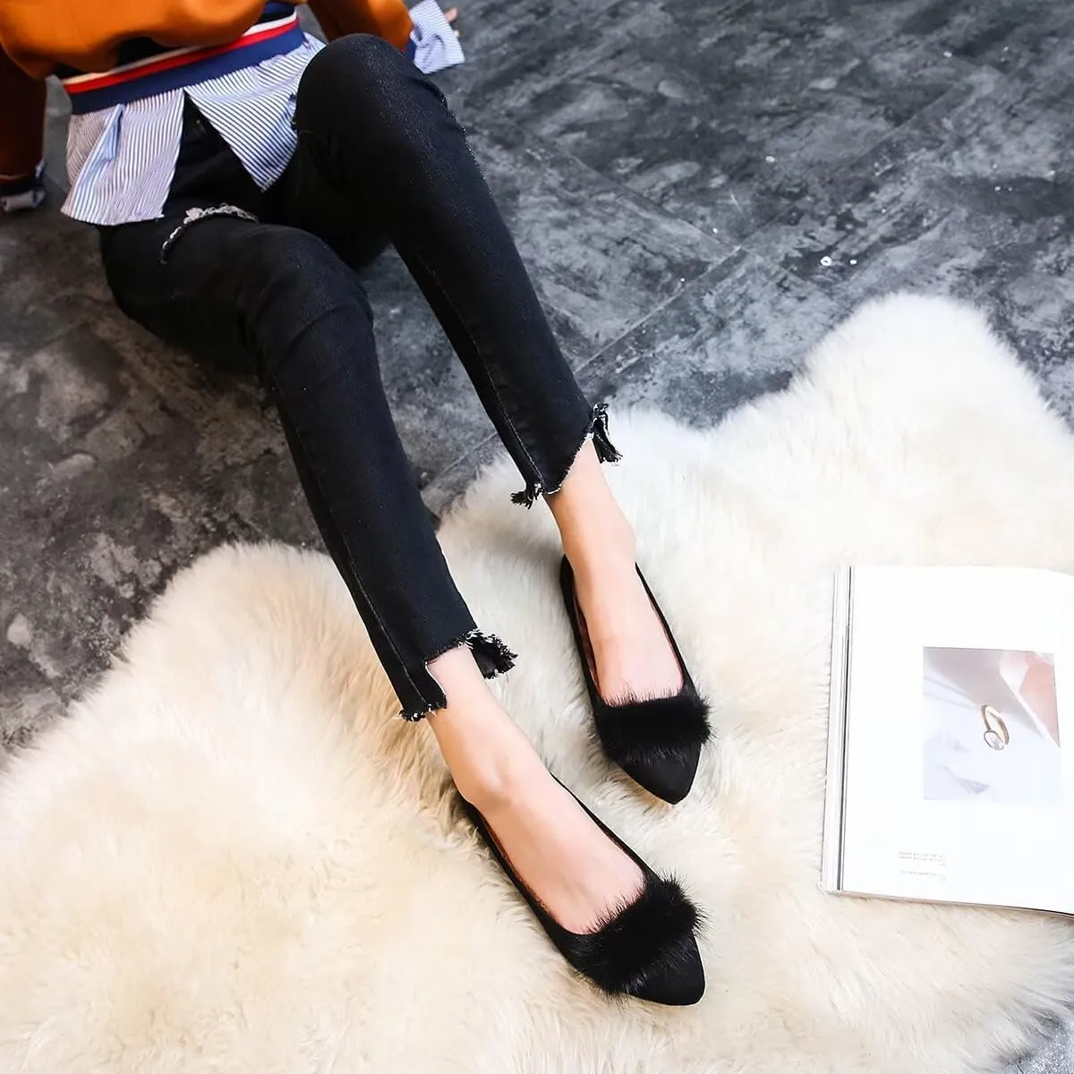 ChaiRong Zhou Women Comfortable Fuzzy Suede Low Heel Pointed Toe Flats Fashion Puff Pompom Dress Shoes Slip on Casual Office House Shoes