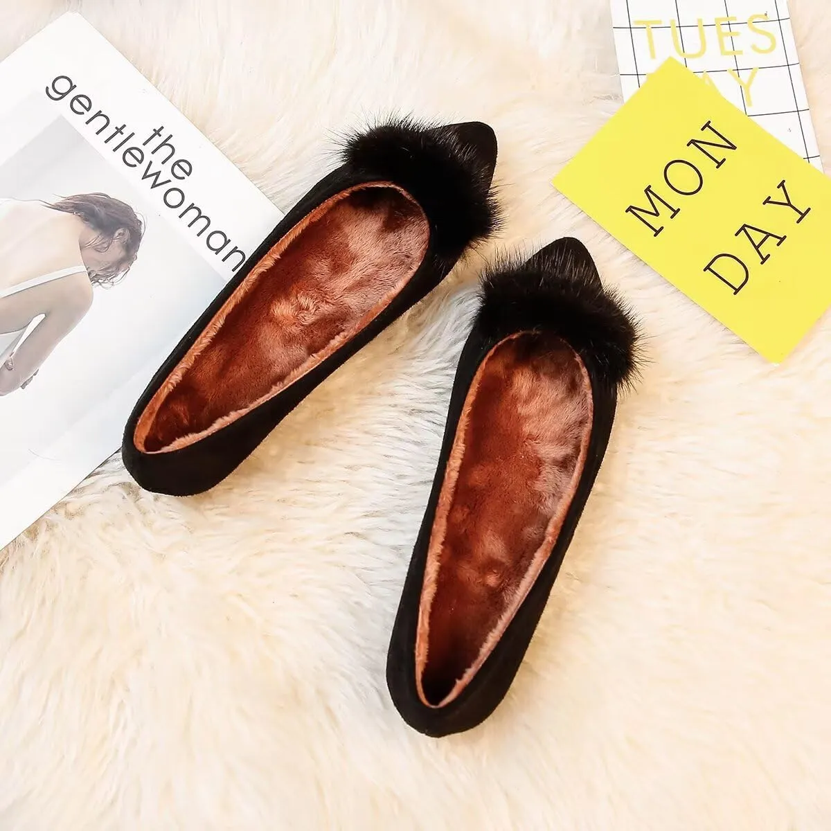 ChaiRong Zhou Women Comfortable Fuzzy Suede Low Heel Pointed Toe Flats Fashion Puff Pompom Dress Shoes Slip on Casual Office House Shoes