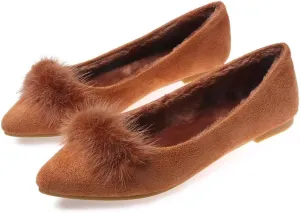 ChaiRong Zhou Women Comfortable Fuzzy Suede Low Heel Pointed Toe Flats Fashion Puff Pompom Dress Shoes Slip on Casual Office House Shoes