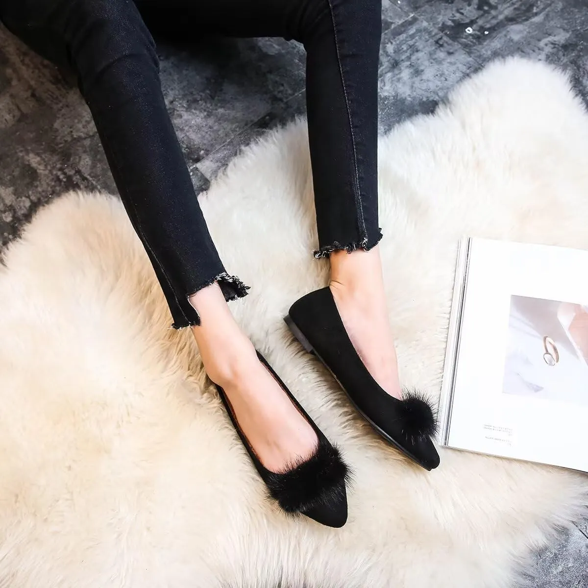 ChaiRong Zhou Women Comfortable Fuzzy Suede Low Heel Pointed Toe Flats Fashion Puff Pompom Dress Shoes Slip on Casual Office House Shoes