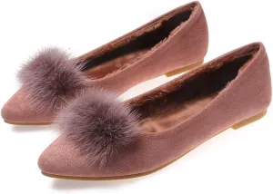 ChaiRong Zhou Women Comfortable Fuzzy Suede Low Heel Pointed Toe Flats Fashion Puff Pompom Dress Shoes Slip on Casual Office House Shoes