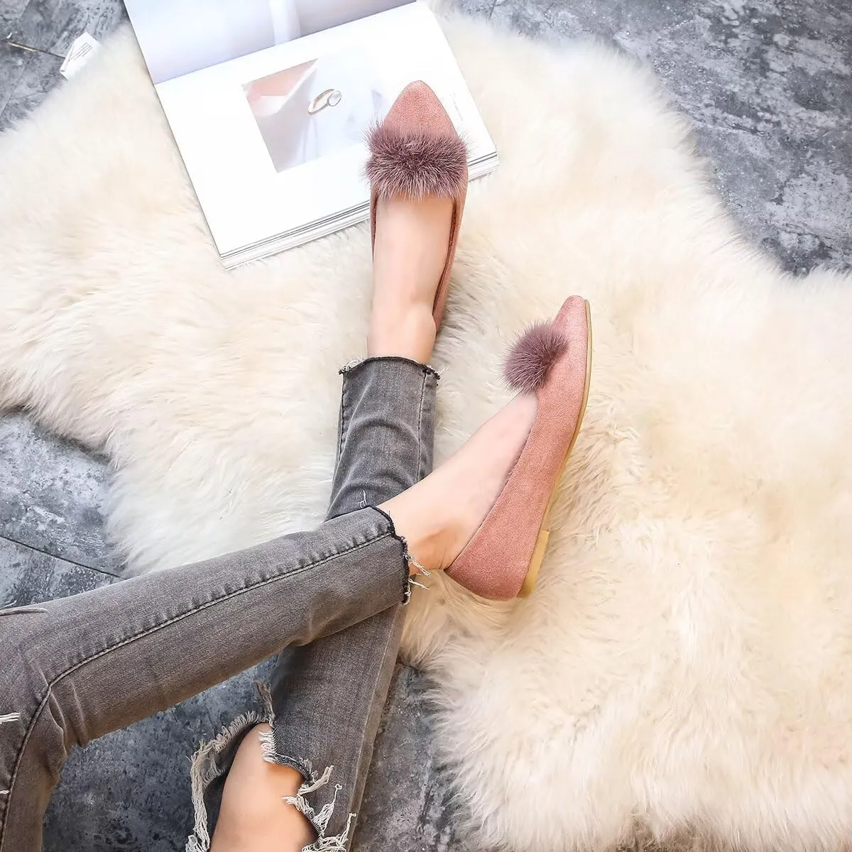 ChaiRong Zhou Women Comfortable Fuzzy Suede Low Heel Pointed Toe Flats Fashion Puff Pompom Dress Shoes Slip on Casual Office House Shoes