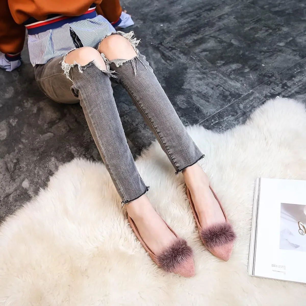 ChaiRong Zhou Women Comfortable Fuzzy Suede Low Heel Pointed Toe Flats Fashion Puff Pompom Dress Shoes Slip on Casual Office House Shoes