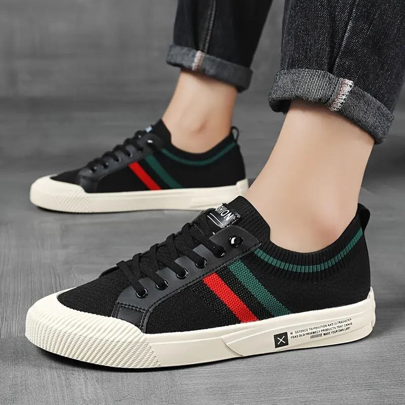 Comfortable Fashion Sneakers - Men's Casual Lace-Up Footwear with EVA Sole - Beige with Red/Green Strip Detail for Daily Use & Running