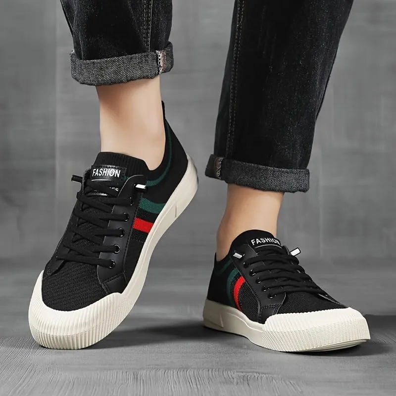 Comfortable Fashion Sneakers - Men's Casual Lace-Up Footwear with EVA Sole - Beige with Red/Green Strip Detail for Daily Use & Running