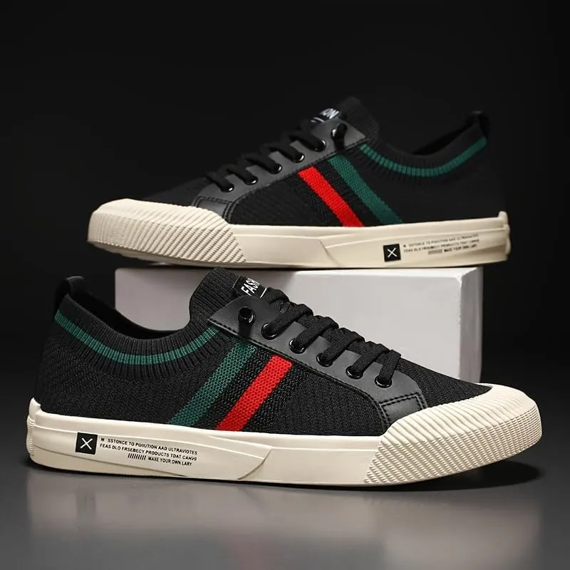 Comfortable Fashion Sneakers - Men's Casual Lace-Up Footwear with EVA Sole - Beige with Red/Green Strip Detail for Daily Use & Running
