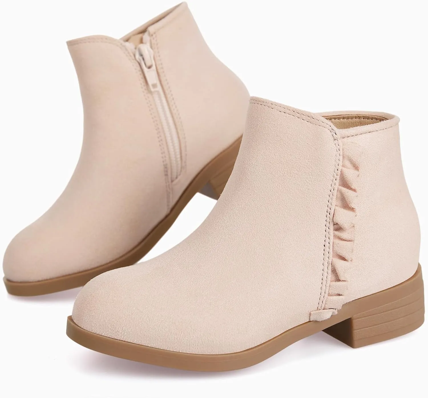 Coutgo Girls Ankle Boots Kids Ruffle Dress Booties Fashion Chunky Side Zip Casual Shoes