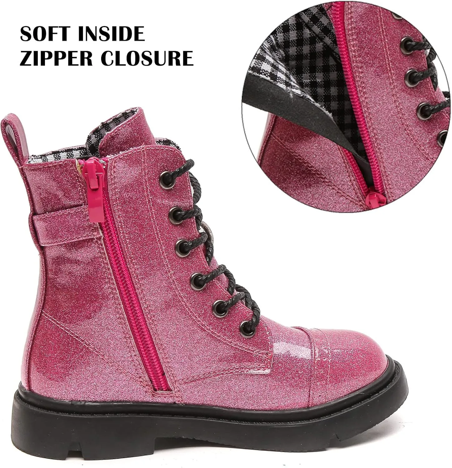 DADAWEN Boys Girls Glitter Ankle Boots Lace Up Waterproof Combat Boot With Side Zipper (Toddler/Little Kid/Big Kid)