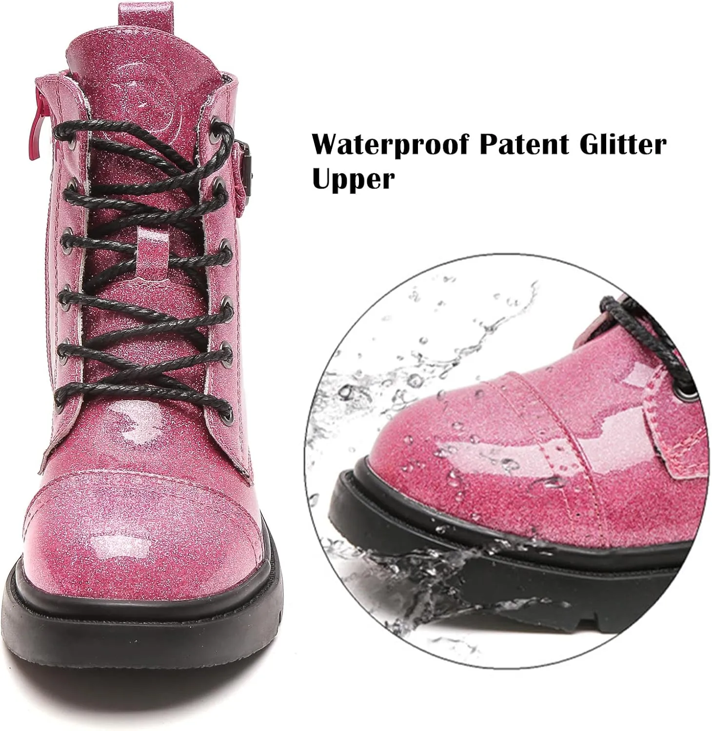 DADAWEN Boys Girls Glitter Ankle Boots Lace Up Waterproof Combat Boot With Side Zipper (Toddler/Little Kid/Big Kid)