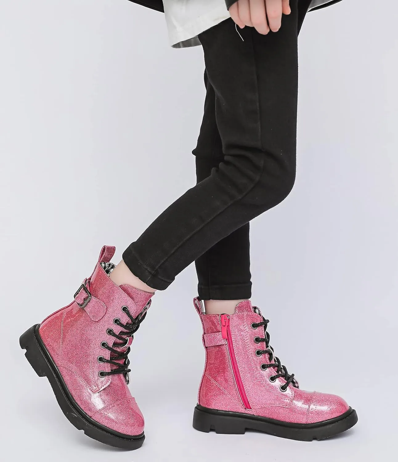 DADAWEN Boys Girls Glitter Ankle Boots Lace Up Waterproof Combat Boot With Side Zipper (Toddler/Little Kid/Big Kid)