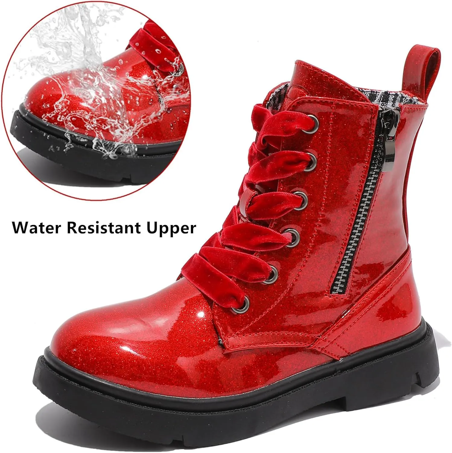 DADAWEN Boys Girls Glitter Ankle Boots Lace Up Waterproof Combat Shoes With Side Zipper for Toddler/Little Kid/Big Kid