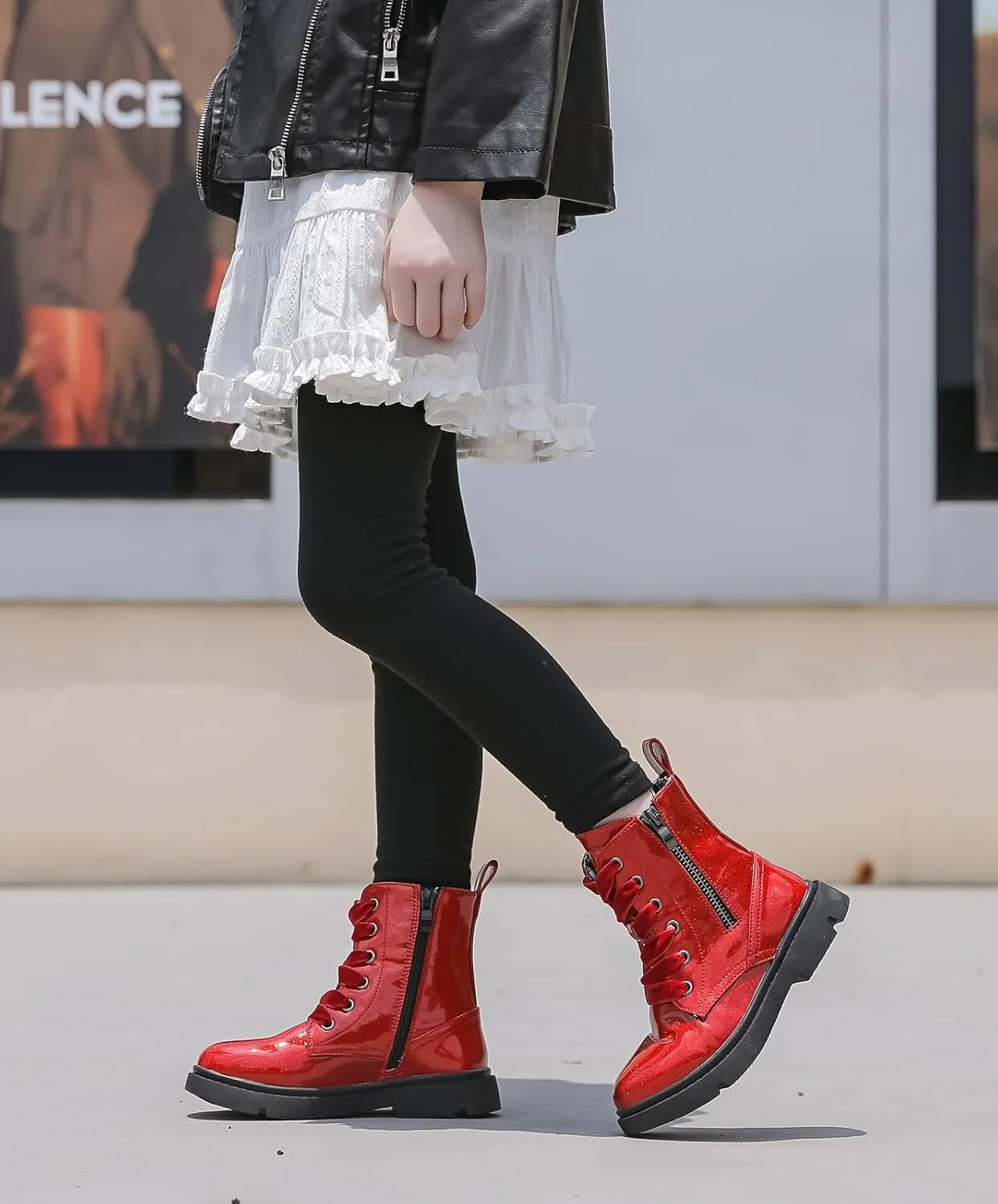 DADAWEN Boys Girls Glitter Ankle Boots Lace Up Waterproof Combat Shoes With Side Zipper for Toddler/Little Kid/Big Kid