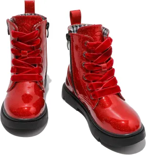 DADAWEN Boys Girls Glitter Ankle Boots Lace Up Waterproof Combat Shoes With Side Zipper for Toddler/Little Kid/Big Kid