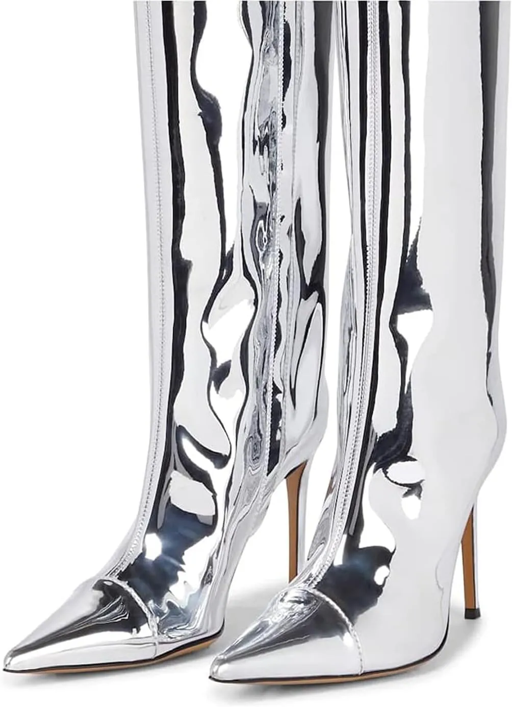 DOREENDORIS Metallic Boots for Women Pointed Toe Side Zipper Sexy Stiletto High Heel Knee High Boots