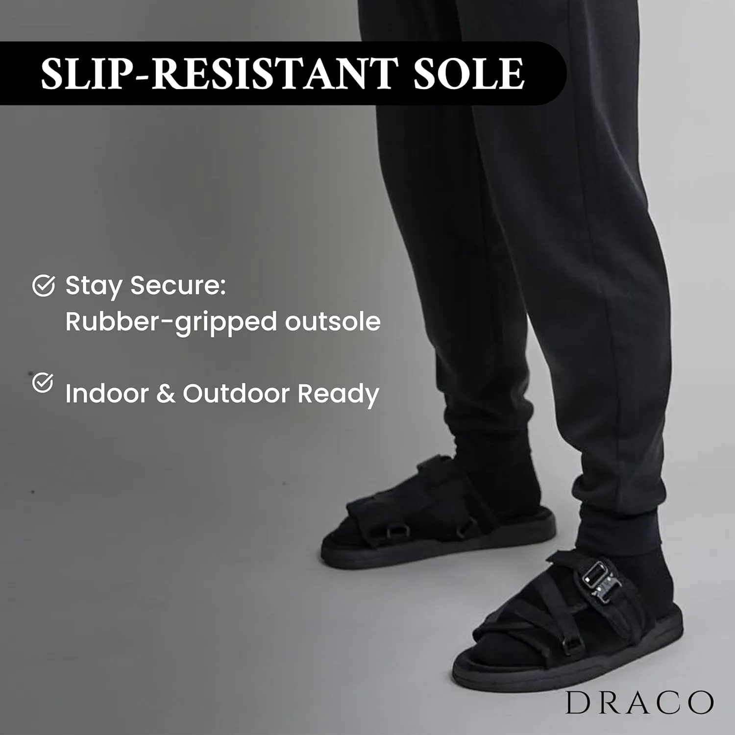 DracoSlides Remastered Slides for Men and Women - Covered in Premium Velour with Adjustable Straps Ideal for Wide/Narrow Feet, Sandals with Arch Support & Slip Resistant, Men & Women Footwear, Black